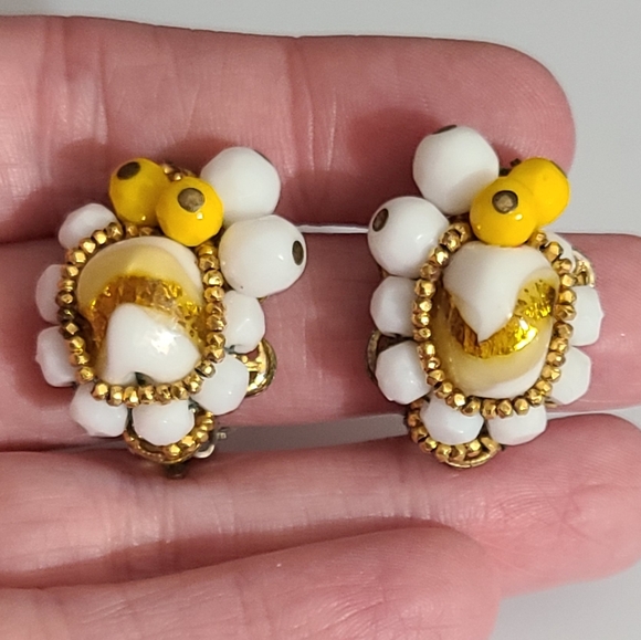 Vintage Robert venetian clip on earrings milk glass filigree